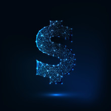 Futuristic Glowing Low Polygonal Dollar Sign Isolated On Dark Blue Background.