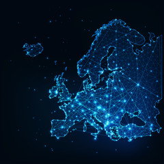 Wall Mural - Futuristic Europe outline connectivity map with lines, stars, triangles, light particles framework.