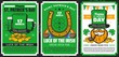 St Patricks Day religion holiday vector design of Irish pub party invitations. Shamrock or clover leaves, green beer and leprechaun with hat, pots of gold coins and lucky horseshoe, orange beard, pipe