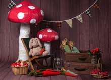 For Easter Holidays, Colorful Backdrops For Photo Studios, With Elements Like: Eggs, Bunnies Rabbit, Carrots, Easter Signs, Big Flowers, Giant Mushrooms, Boxes.