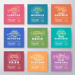 Wall Mural - fresh seafood delights premium quality labels bundle. abstract vector packaging design layouts set. 