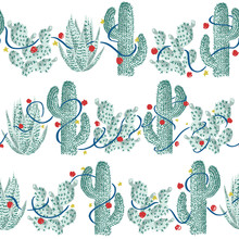 Vector Seamless Pattern With Christmas Cactus. Mexican Holidays. Hand Drawn Style Cartoon Illustration.