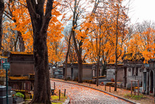 A View On Autumn Alley Of The Most Famous Cemetery Of Paris Pere Lachaise, France. Tombs Of Various Famous People. Golden Autumn Over Eldest Tombs.