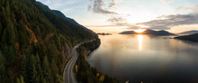 Sea To Sky Hwy In Howe Sound Near Horseshoe Bay, West Vancouver, British Columbia, Canada. Aerial Panoramic View During A Colorful Sunset In Fall Season.