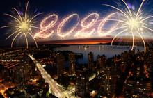 2020 New Year With Fireworks And Aerial View Of Downtown Vancouver, British Columbia, Canada, In The Background.
