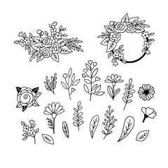 Set of floristic doodles. Hand-drawn flowers, leaves and twigs.