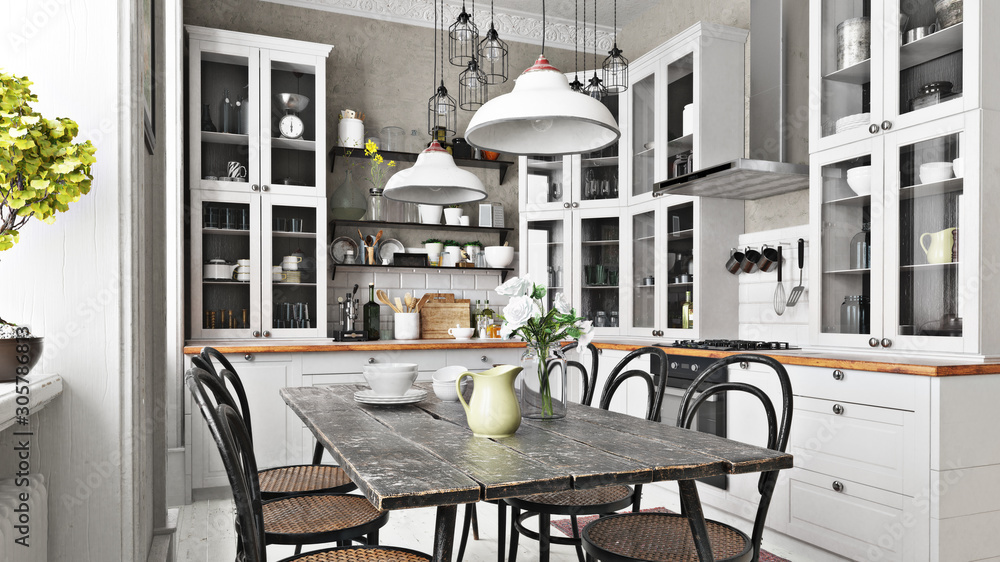 Scandinavian or country style kitchen with eating area and simplistic accents. 3d rendering - obrazy, fototapety, plakaty 