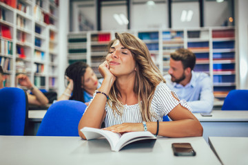 Poster - Students are studying in library. Young people are spending time together.