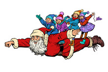Superhero Santa Claus With Children. Christmas And New Year