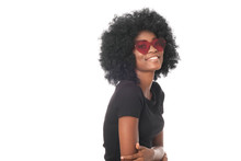 Smiling Afro Girl In Red Glasses And Black Shirt Isolated On White Background.