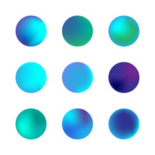 Vector Set Of Holographic Gradient Sphere. Blue Neon Circle Gradients. Colorful Round Buttons Isolated On White Background.