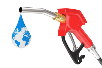 Wall Mural - Gasoline Pistol Pump Fuel Nozzle, Gas Station Dispenser with Droplet of Earth Globe. 3d Rendering