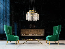 Luxury Black Marble Mock-up Wall With Expensive Green Armchairs, Glass Chandelier And Modern Built-in Fireplace, Living Room, 3d Render, 3d Illustration