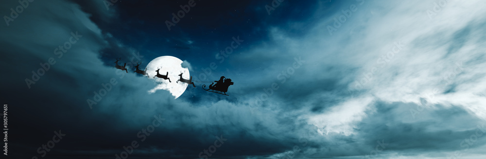 Santa Claus flying in his sleigh over the clouds - obrazy, fototapety, plakaty 