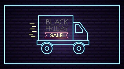 Poster - black friday neon light label with truck