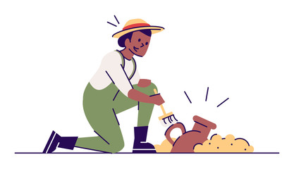 Poster - Archeologist with old jug flat vector illustration. Archeological excavations. Treasure hunter. Woman cleaning antique amfora with brush cartoon character with outline on white background