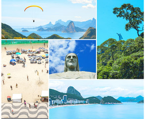 Fototapete - Creative collage inspired by view of Rio de Janeiro with Christ Redeemer and Corcovado Mountain, Copacabana beach.