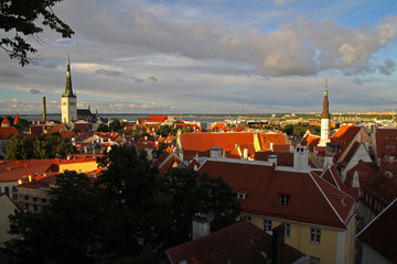 Downtown historical medieval Tallinn skyline at sunset