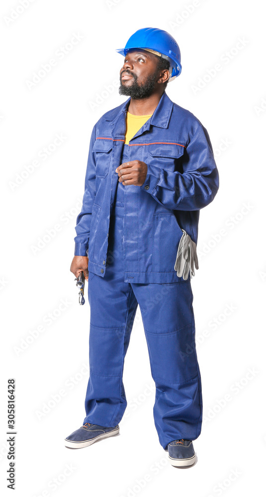 African-American car mechanic on white background