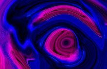 Dark Blue, Red And Pink Abstract Liquid Paint Textured Background With Decorative Spirals And Swirls. Holographic Neon Surface Pattern For Modern Creative Trendy Design