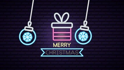 Sticker - christmas neon light label with gift and balls