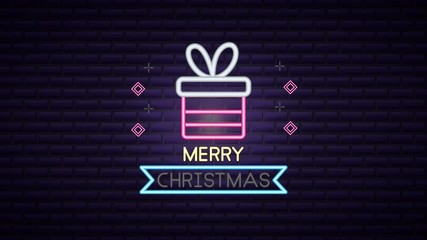 Sticker - christmas neon light label with gift