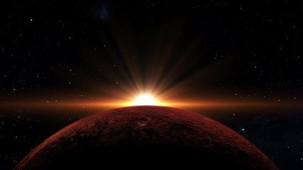 Wall Mural - red planet mars with the sun rising behind casting deep shadows concept