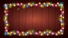 Happy Merry Christmas Card With Frame Lights Colors Bulbs
