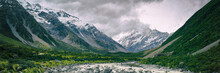 Hooker Valley Track Hiking Trail, New Zealand. View Of Aoraki Mount Cook National Park With Snow Capped Mountains. Banner Panorama Landscape.