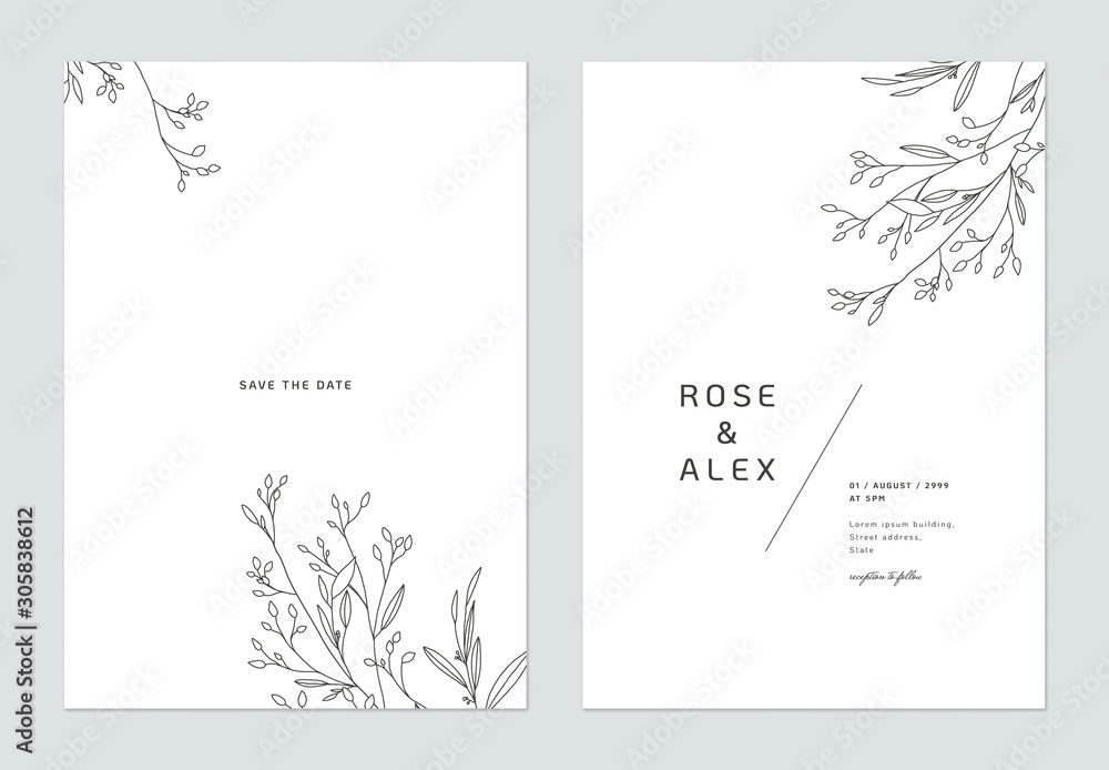 Minimalist wedding invitation card template design, floral black line art ink drawing on white - obrazy, fototapety, plakaty 