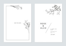 Minimalist Wedding Invitation Card Template Design, Floral Black Line Art Ink Drawing Bouquet Decorated On Line Frame On White
