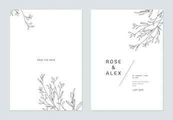 Wall Mural - Minimalist wedding invitation card template design, floral black line art ink drawing on white