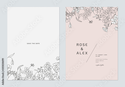 Minimalist wedding invitation card template design, floral black line art ink...
