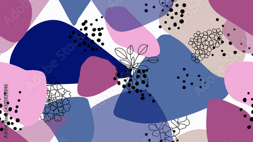 Seamless pattern, hand drawn wild flowers and abstract shapes, pink and blue ...