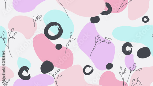 Seamless pattern, hand drawn wild flowers and abstract shapes, pink and blue ...