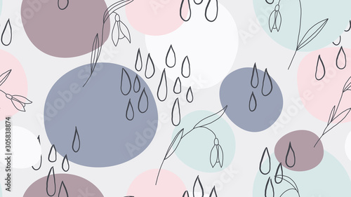 Seamless pattern, hand drawn wild flowers and abstract shapes, blue and brown...