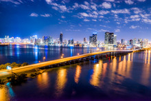 Aerial Miami Skyline Night Long Exposure In Miami Beach And MacArthur Causeway