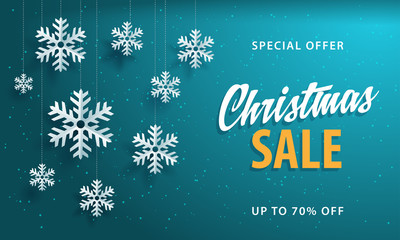 Wall Mural - Christmas sale banner green background template with paper snowflakes