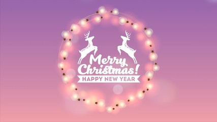 Sticker - happy merry christmas card with lights colors bulbs and deers