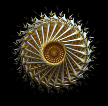 3d Render Of Abstract Aircraft Turbine Or Metal Kaleidoscopic Flower In White Glossy Ceramic And Shiny Gold Materials On Black Background
