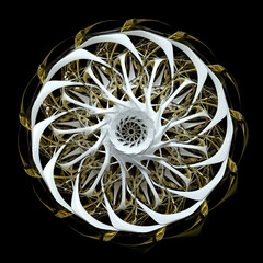 3d render of abstract aircraft turbine engine as kaleidoscopic flower in white glossy gold and black glass materials on black background