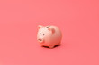 Pink piggy Bank stands in the center on a pink background. Horizontal photography