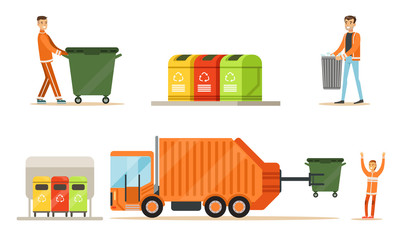 Poster - Workers and garbage collection equipment. Set of vector illustrations.