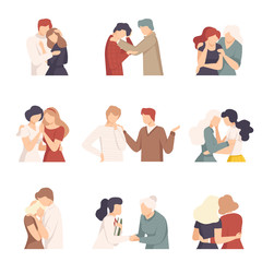 Sticker - People Supporting Each Other with Words and Standing by Side Vector Illustrations Set