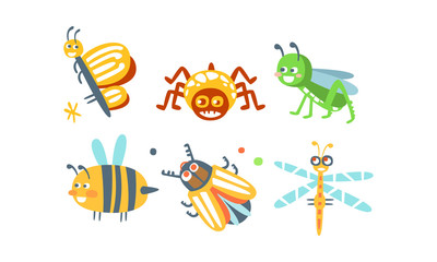 Sticker - Bugs Vector Set. Funny Cartoon Insects Collection