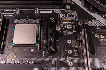 Closeup of the new modern computer motherboard with installed cpu