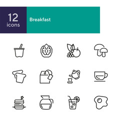 Wall Mural - Breakfast line icon set. Set of line icons on white background. Food concept. Coffee, tea, bread. Vector illustration can be used for topics like food, cafe, breakfast