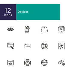 Sticker - Devices line icon set. Set of line icons on white background. Globe, internet, gadget. Technology concept. Vector illustration can be used for topics like connection, progress