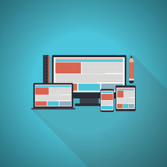 Web Design. Website template for monitor, laptop, tablet, phone. Elements for mobile and web applications.
