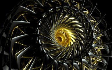 3d render of abstract aircraft turbo engine in gold and black metal materials looks like metal surreal wild flower with sharp blades on black background